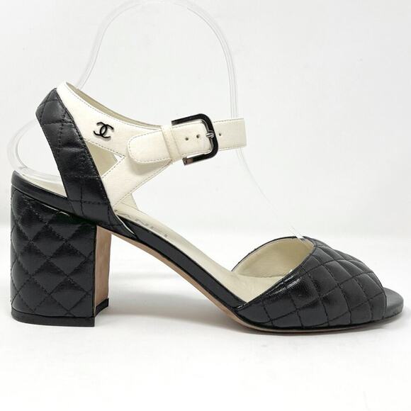 Chanel Black White Quilted Matelasse Leather Peep Toe Block Logo Heel Sandals - Picture 3 of 10